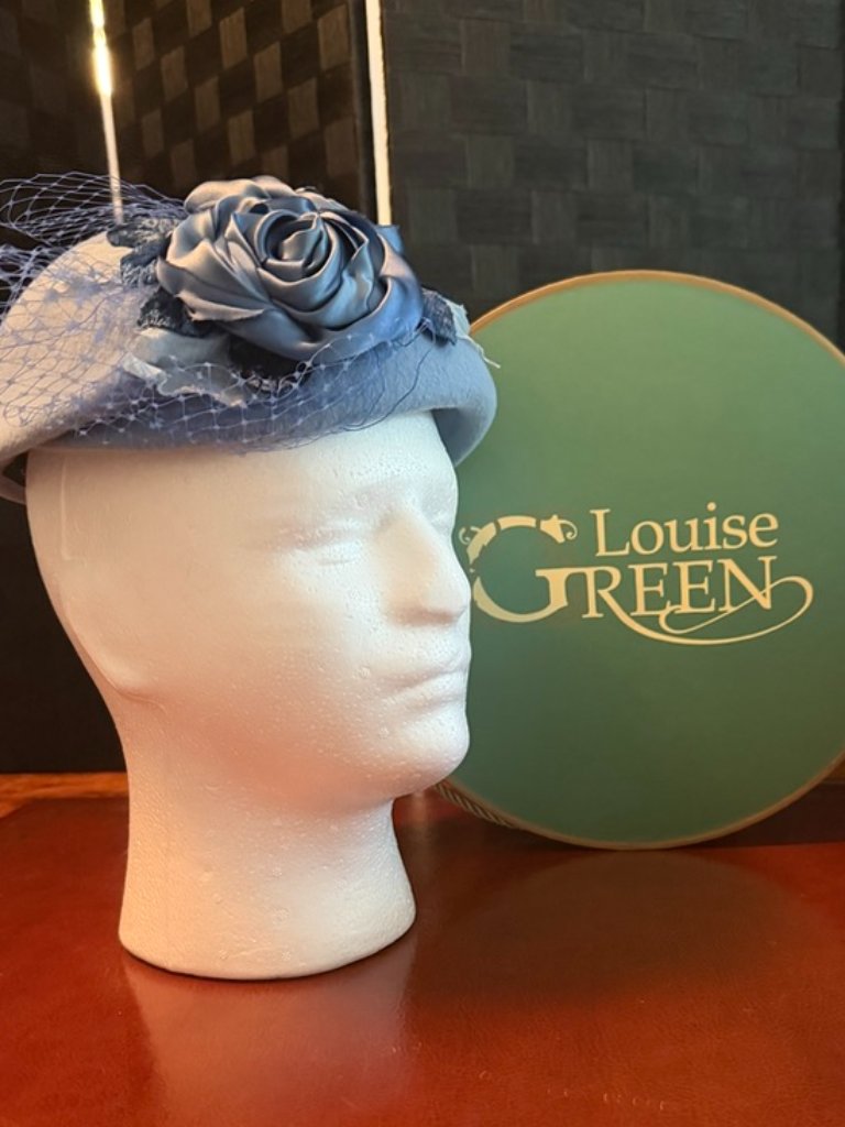 Vintage Louise Green "Margo" Style Blue Hat With Darker Blue Satin Roses, O/S